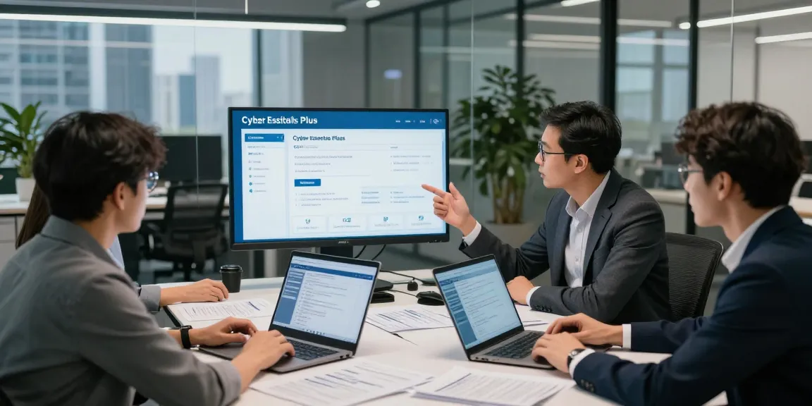 Cyber essentials plus cost discussion in a modern cybersecurity office setting with a collaborative team.