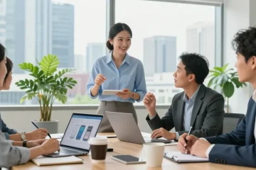 Engaged professionals discussing unlimited business mobile plans in a modern office.