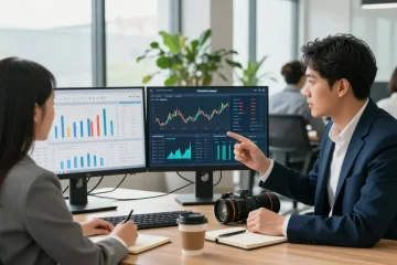 Professionnel discutant de la stratégie bancaire numérique avec des tableaux de bord financiers.